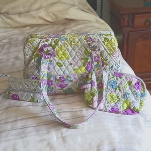 Vera Bradley Watercolor Satchel Tote Bag EUC! & makeup bag & key holder wallet